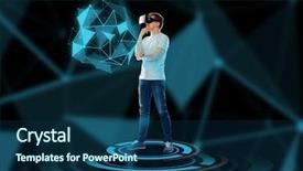  Presentation with augmented reality - Cool new slides with 3d technology augmented reality gaming cyberspace and people concept - happy young man with virtual reality headset or 3d glasses thinking and looking at low poly shape hologram backdrop and a navy blue colored foreground