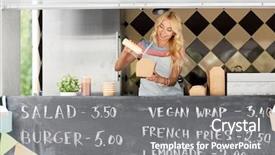  Presentation with food truck - Slides with people concept - happy young saleswoman background and a gray colored foreground