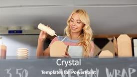  Presentation with food truck - Cool new slides with people concept - happy young saleswoman backdrop and a gray colored foreground