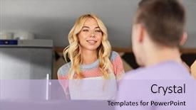  Presentation with food truck - Amazing PPT layouts having people concept - happy young saleswoman backdrop and a light blue colored foreground