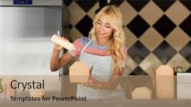  Presentation with food truck - Presentation theme enhanced with people concept - happy young saleswoman background and a coral colored foreground