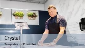  Presentation with fish people - Presentation theme with people concept - male seller weighing background and a light blue colored foreground