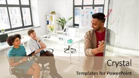  Presentation with team planning - Colorful presentation theme enhanced with people concept - man drawing scheme backdrop and a coral colored foreground