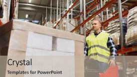  Presentation with wholesale - Cool new PPT theme with people concept - man on forklift backdrop and a mint green colored foreground