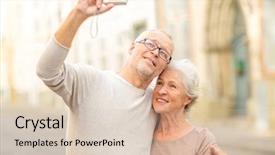  Presentation with tourism selfie - Beautiful presentation featuring people concept - senior couple backdrop and a lemonade colored foreground