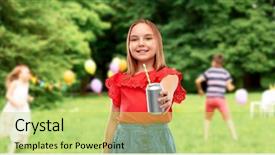  Presentation with soda - Beautiful presentation design featuring people concept - smiling preteen backdrop and a yellow colored foreground