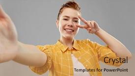  Presentation with red grey - Audience pleasing slide set consisting of people concept - smiling red haired backdrop and a yellow colored foreground