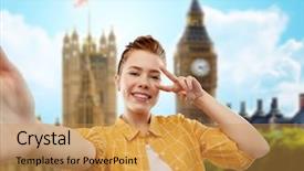  Presentation with teenage girl - Beautiful PPT theme featuring people concept - smiling red haired backdrop and a yellow colored foreground