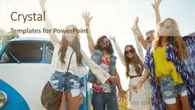  Presentation with travel friends - PPT layouts having people concept - smiling young hippie background and a cream colored foreground