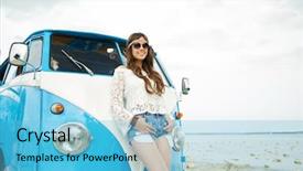  Presentation with road trip cars - Amazing slide deck having people concept - smiling young hippie backdrop and a light blue colored foreground