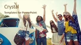  Presentation with road trip cars - Beautiful presentation theme featuring people concept - smiling young hippie backdrop and a cream colored foreground