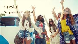  Presentation with travel friends - Slide deck enhanced with people concept - smiling young hippie background and a cream colored foreground