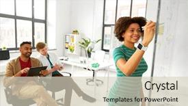  Presentation with team planning - Theme with people concept - woman drawing scheme background and a  colored foreground