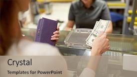  Presentation with consumerism - Presentation design featuring people concept - woman paying money background and a coral colored foreground