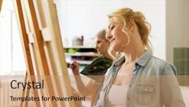  Presentation with school art and music - Presentation featuring people concept - woman with easel background and a  colored foreground