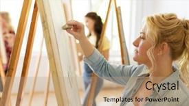  Presentation with school art and music - Slide set having people concept - woman with eraser background and a coral colored foreground