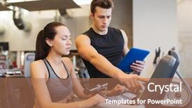  Presentation with exercise bike - Theme having people concept - woman with trainer background and a coral colored foreground