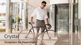  Presentation with young business people - Cool new slides with people concept - young man parking backdrop and a coral colored foreground