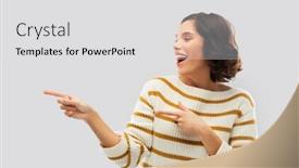  Presentation with young happy people smiling - Beautiful presentation featuring people concept - happy smiling young woman in striped pullover pointing fingers to something over grey background backdrop and a light gray colored foreground