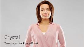  Presentation with young happy people smiling - PPT theme featuring people concept - happy smiling young woman in striped shirt over grey background background and a lemonade colored foreground