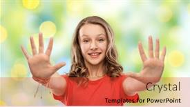  Presentation with green lights - Presentation having people concept - smiling teenage girl with long hair in red t-shirt giving high five over summer green lights background background and a red colored foreground