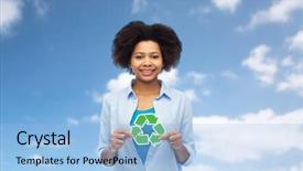  Presentation with recycling - PPT layouts enhanced with people conservation ecology and environment concept - happy afro american young woman with recycling symbol over blue sky background background and a light blue colored foreground