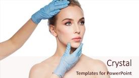  Presentation with plastic surgery - Audience pleasing theme consisting of people cosmetology plastic surgery and beauty concept - surgeon or beautician hands touching woman face over white background backdrop and a lemonade colored foreground