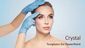  Presentation with beautician - Slides with people cosmetology plastic surgery and beauty concept - surgeon or beautician hands touching woman face over blue background background and a lemonade colored foreground