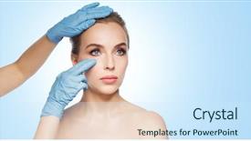  Presentation with beautician - Colorful slide deck enhanced with people cosmetology plastic surgery and beauty concept - surgeon or beautician hands touching woman face over blue background backdrop and a sky blue colored foreground