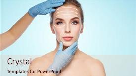  Presentation with beautician - Slide deck having people cosmetology plastic surgery and beauty concept - surgeon or beautician hands touching woman face over blue background background and a lemonade colored foreground
