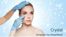  Presentation with beautician - Cool new PPT layouts with people cosmetology plastic surgery and beauty concept - surgeon or beautician hands touching woman face over blue background and snow backdrop and a sky blue colored foreground