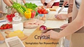  Presentation with onion - Amazing PPT theme having people cutting onion at cooking backdrop and a coral colored foreground