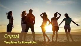  Presentation with group of diverse people - Amazing PPT theme having people dancing at the beach backdrop and a tawny brown colored foreground