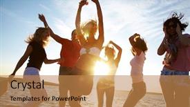  Presentation with summer party - Slide deck featuring people dancing at the beach background and a gold colored foreground