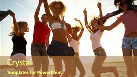  Presentation with group of people - Presentation design having people dancing at the beach background and a  colored foreground