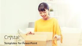  Presentation with shipping - Audience pleasing presentation theme consisting of people delivery commerce shipping and shopping concept - happy asian young woman with cardboard parcel box at home backdrop and a blonde colored foreground