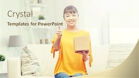  Presentation with shipping - Presentation featuring people delivery shipping gesture and shopping concept - happy asian young woman with cardboard parcel box showing thumbs up at home background and a cream colored foreground