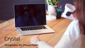  Presentation with development - Cool new PPT theme with people development - young female working sitting backdrop and a coral colored foreground