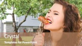  Presentation with meat food - Cool new PPT theme with people diet and food concept - hungry young woman eating meat on fork over house and summer garden background backdrop and a coral colored foreground