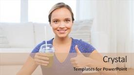  Presentation with healthy people - Slides consisting of people diet and healthy lifestyle concept - happy woman with cup of smoothie at home and showing thumbs up background and a coral colored foreground