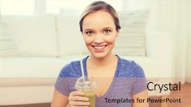  Presentation with healthy people - Colorful PPT theme enhanced with people diet and healthy lifestyle concept - happy woman with cup of smoothie sitting on mat at home backdrop and a coral colored foreground