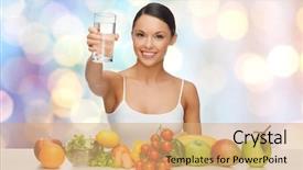  Presentation with blue food - Cool new PPT layouts with people diet and vegetarian concept - happy asian woman with healthy food showing glass of water over blue lights background backdrop and a coral colored foreground