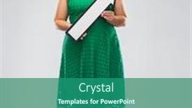  Presentation with direction - Theme enhanced with people direction and communication concept - happy woman in green dress holding big white thick arrow showing to north east over grey background background and a ocean colored foreground