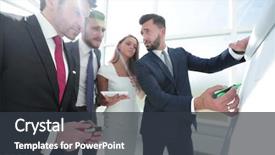  Presentation with project - Colorful presentation enhanced with people discussing a new project backdrop and a dark gray colored foreground