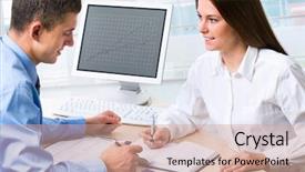  Presentation with young business people - Slide deck featuring people discussing a new project background and a coral colored foreground