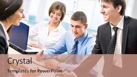  Presentation with new office - Slide deck enhanced with people discussing a new project background and a coral colored foreground