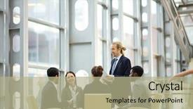  Presentation with new market - Audience pleasing theme consisting of people discussing new market trends backdrop and a  colored foreground