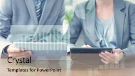  Presentation with spreadsheet data and business charts - Beautiful PPT theme featuring people discussing over tablet pcs backdrop and a mint green colored foreground