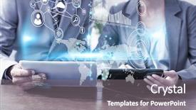  Presentation with business technology internet and network - Cool new PPT theme with people discussing over tablet pcs backdrop and a  colored foreground