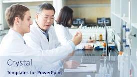  Presentation with chemical experiment - Amazing PPT theme having people doing chemical experiment in modern lab backdrop and a light blue colored foreground
